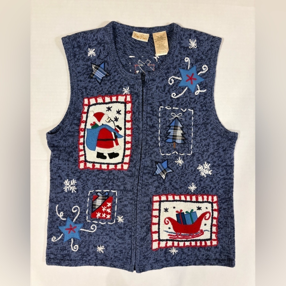 Vintage Bobbie Brooks Santa Sleigh Snowflake Christmas zip sweater vest Small